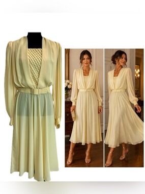 Elegant Cream Long-Sleeve Belted Dress